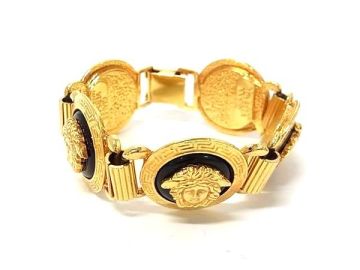 1円 ■美品■ GIANNI VERSACE ジャンニ ヴェルサーチ メデューサ ブレスレット バングル アクセサリー ゴールド系&times;ブラック系 BS4796