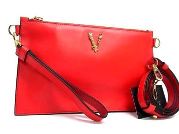 1円 ■美品■ VERSACE ヴェルサーチ ヴィルトゥス レザー 2WAY クロスボディ ショルダーバッグ クラッチバッグ 斜め掛け レッド系 HA3748