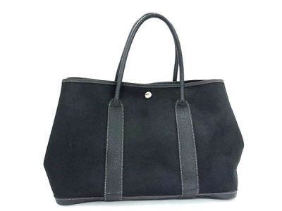 1円 HERMES エルメス ガーデンパーティPM トワルオフィシエ シルバー金具 トートバッグ ショルダーバッグ 肩掛け ブラック系 FY1688