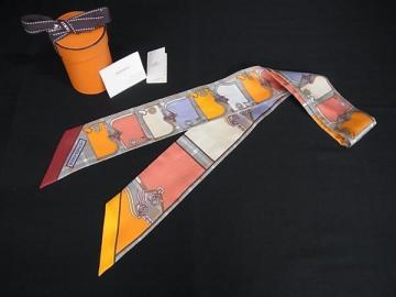 1円 ■美品■ HERMES エルメス Camails【カマイユ】ツイリー シルク100% リボンスカーフ レディース グレー系&times;マルチカラー HA5144