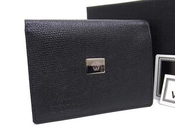 1円 ■新品■未使用■ GIANNI VERSACE ジャンニ ヴェルサーチ メデューサ レザー 二つ折り 財布 ウォレット 札入れ ブラック系 FJ2146