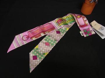 1円■極美品■ HERMES エルメス Colliers de Chiens Remix【コリエドシアン リミックス】ツイリー シルク リボンスカーフ ピンク系 HA5295