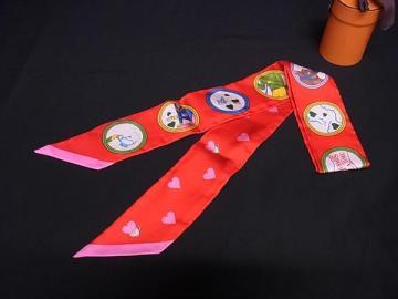 1円 ■美品■ HERMES エルメス Tea Time 【ティータイム】 ツイリー シルク100% リボンスカーフ レッド系&times;マルチカラー HA5115
