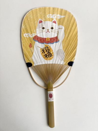 民芸竹うちわ　小判型　招福　猫に小判　お土産　インテリア　和小物　団扇　夏　 Bamboo Fan
