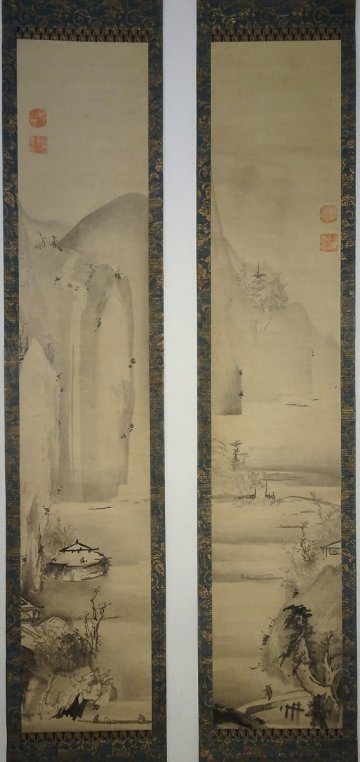 【掛け軸】　曾我蕭白　「水墨山水双幅」　真作　真筆保証　八木岡春山の鑑定書つき　古筆の極札あり　箱書きあり　二重箱　金襴表装