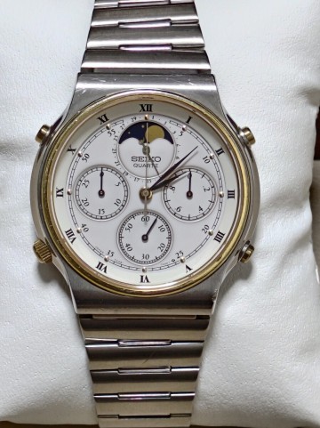 SEIKO / セイコー ムーンフェイズ クロノグラフ クォーツ 7A48-7000 ホワイト文字盤 純正ブレス 5/100秒計測 ラップ計測・ 稼動品！！