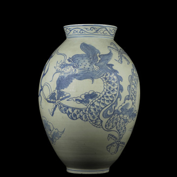 A_XO26 旧家初出 朝鮮古陶磁器 李朝 白磁 染付 分院 雲龍文 大壷 高さ42cm / 朝鮮美術 青花 中国古玩 明代 