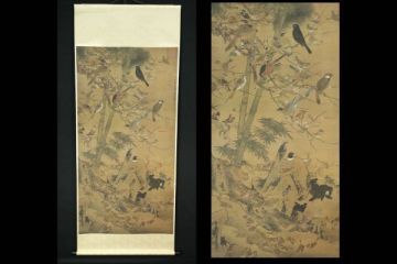 13398■【真作】邊文進 「三友百禽図」 絹本 工芸印刷 明 二玄社 中国 宮中三絶 辺文進 掛軸