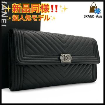 ★【新品同様】シャネル CHANEL シェブロン Ｖステッチ ラムスキン ボーイ 二つ折り長財布 ブラック レディース★