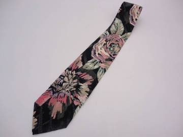 【1円スタート】シルク100％ Jean Paul GAULTIER HOMME ジャンポールゴルチエ ゴルチェ ネクタイ ブラック 花柄 絵画風 ロゴチェーン