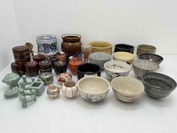 (0409d2) 茶道具 まとめ まとめて 20点以上 抹茶茶碗 水指 青磁 蓋置 5種セット濃茶用 抹茶容器 茶入水指 棗（なつめ) 建水 etc 陶器