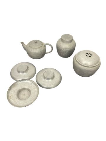 錫製 錫 すず 約853g 槌目 煎茶道具セット 急須 茶筒 建水 茶托 刻印有 錫半 錫器 唐物 煎茶器 茶器 まとめて