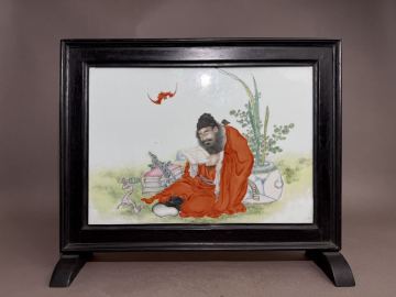 清時代人物粉彩陶板 置物 縁起物 陶磁器 旧家整理品 旧家整理品