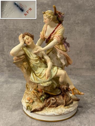 ◇トレモ◇19世紀 ドイツ KPM【ベルリン王立磁器製陶所】大型群像 総手描陶器人形『Diana und Endymion』神話 天使 犬 キノコ 検) マイセン