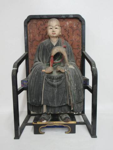 Ｔ４５１３　仏教美術　仏像　時代物　木彫　彩色　玉眼入道元禅師　高６３ｃｍ