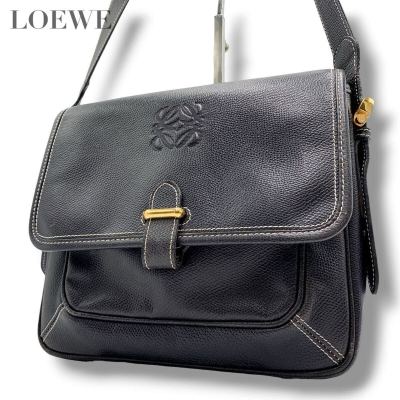 大人気● LOEWE ロエベ ショルダーバッグ アナグラム クロスボディ ポシェット 肩掛け 斜め掛け ゴールド金具 レザー 本革 ブラック 黒