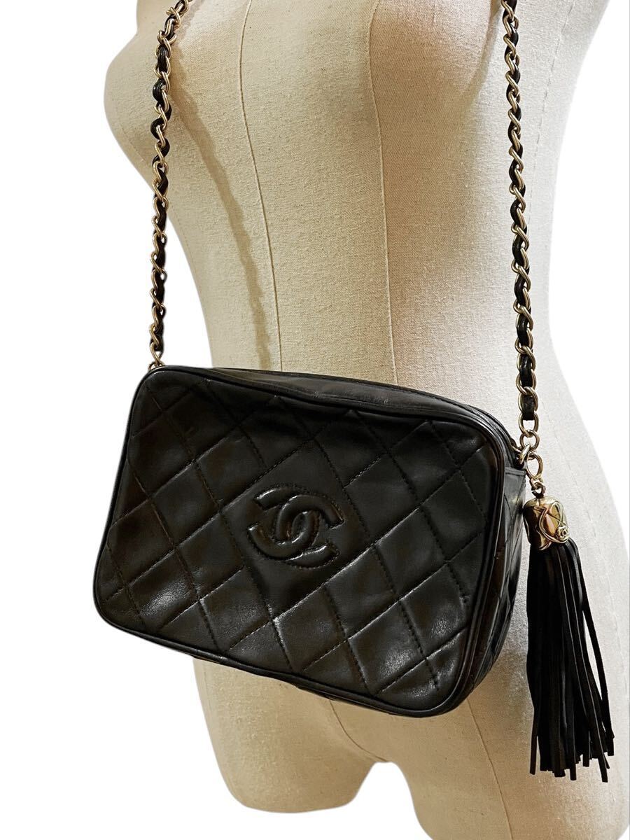  1円 ヴィンテージ シャネル CHANEL マトラッセ ラムスキン ショルダーバッグ ココマーク レザー フリンジ タッセル ダイヤモンドCC
