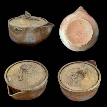 宝瓶 ◆大饗仁堂造◆ 龍摘み 備前焼 窯変 手捻り 茶器 時代物 骨董 古美術 古道具 時代物 茶器 在銘 茶道具 急須 蔵出し品 煎茶器 