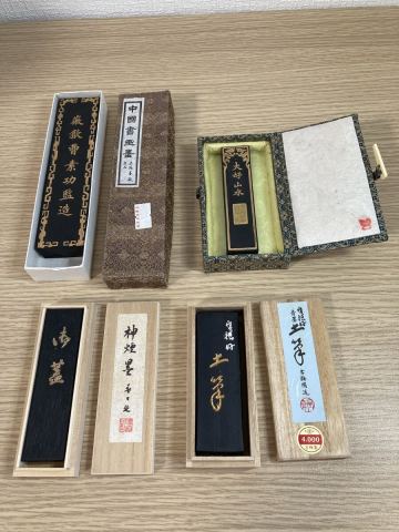 4-32 神煙墨 古梅園造 墨 古墨 青墨 中国墨 固形墨 書道具 書道 紫玉光 大好山水 木箱 おまとめ セット