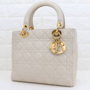 Christian Dior クリスチャン ディオール レディディオール カナージュ ハンドバッグ ロゴ金具 本革 レザー ホワイト系 レディース 