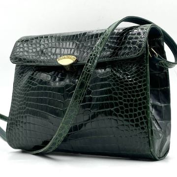 美品/希少カラー● クロコダイル ワニ革 リアルレザー エキゾチック ポロサス センター取り ショルダーバッグ 金具 シャイニング グリーン