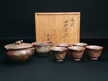 ■備前焼 小西 陶古 煎茶器揃 亀摘 宝瓶 湯冷まし 煎茶碗 5客 在銘 窯変 木箱 茶器 茶器揃 茶道具 煎茶道具