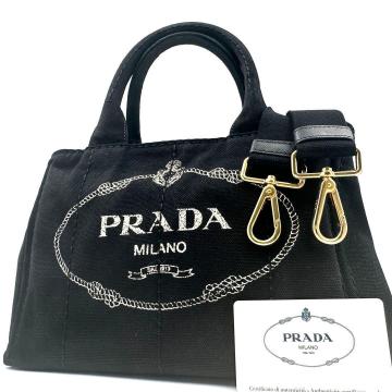 《美品/現行》PRADA プラダ カナパS 2WAY ハンドバッグ ショルダー付 ミニトートバッグ サフィアーノレザー キャンバス ブラック