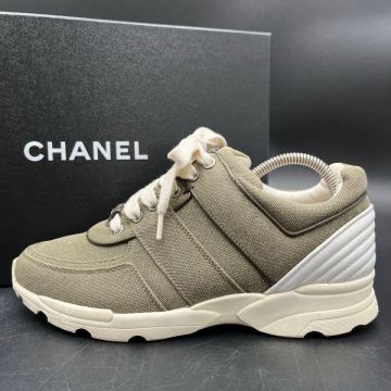 1円 【美品】 CHANEL シャネル ココマーク キャンバス レザー カーキ ホワイト オフホワイト レディース スニーカー 靴 シューズ 24cm相当