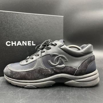 1円 【美品】 CHANEL シャネル ココマーク レザー スエード ファブリック 黒 オールブラック レディース スニーカー 靴 シューズ 25cm相当