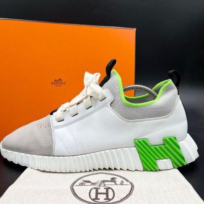 1円 【美品】 HERMES エルメス デパール Hロゴ レザー ファブリック ネオングリーン メンズ スニーカー 靴 シューズ ホワイト 25cm相当