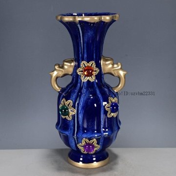 孔雀藍蒔絵象眼宝石両耳花瓶 景徳鎮 陶磁器 装飾品 現代工芸品 美術品 置物