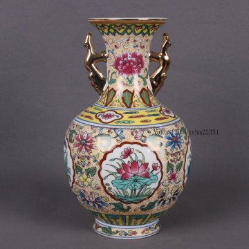大清乾隆琺瑯彩四季瓜果双耳瓶磁花瓶 景徳鎮 陶磁器 装飾品 現代工芸品美術品置物