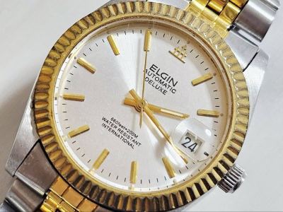 ELGINエルジン 本物 FK-1007E DELUXE デラックス デイト GP&times;SS シルバー文字盤 自動巻き メンズ腕時計 稼働品