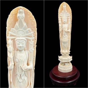 天然材牙彫 仏像 観音菩薩立像 観音様 文殊菩薩像 獅子 仏教美術 細密彫刻 古賞物 極上品 天然素材 特殊白材 硝子箱付