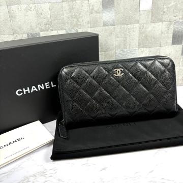 21年製 極美品 シャネル CHANEL 長財布 キャビアスキン マトラッセ ラウンドジップ ラウンドファスナー レザー ココマーク 財布 レディース
