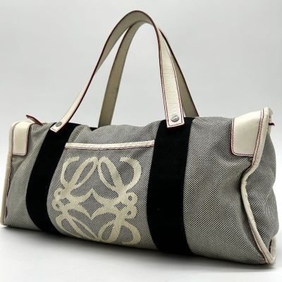 1円 ◆美品◆ LOEWE ロエベ アマソナ ハンドバッグ ミニボストン アナグラム レザー キャンバス ホワイト 白 グレー メンズ レディース