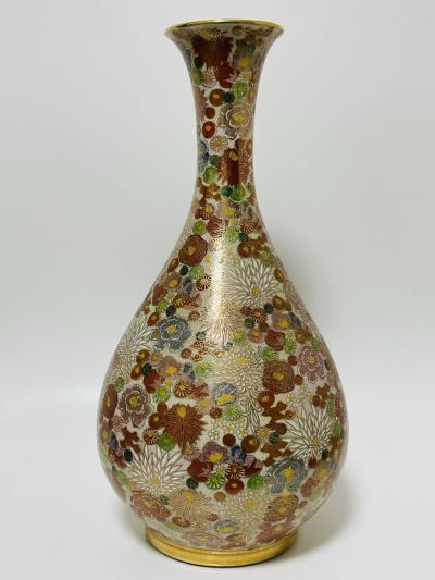 大型 高さ46cm 薩摩焼 丸十字家紋 色絵 金彩 花詰 花瓶 花器 花入 壺 飾り壺 丸十 金襴手 