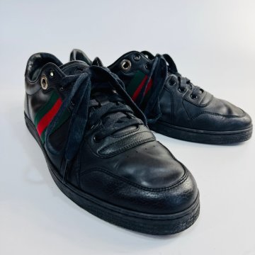UK8.5 27.5cm相当★グッチ GUCCI シェリーライン レザースニーカー 革靴 シューズ インターロッキング メンズ 黒 ブラック