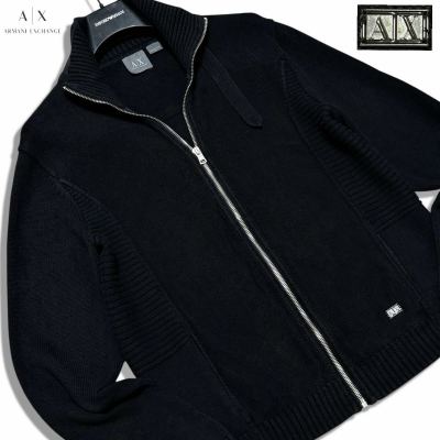 美品/L相当●アルマーニ エクスチェンジ ドライバーズニット ライダース風 ブルゾン ニットジャケット ロゴ金具 ブラック 黒 春物◎ ARMANI