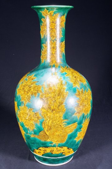 【珍品堂】1円から 九谷焼 角福 在銘 色絵 鳥紋 大花瓶 花瓶 飾壺 花入 時代物 骨董品 古美術 H55.2cm M-A69T-KW4