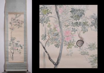 【瓢】真作　椿椿山　「つつじにカタツムリ」　絹本　江戸時代後期　渡辺崋山に師事　花鳥画　中国唐画　掛け軸