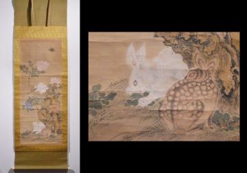 【瓢】無落款　牡丹蝶双兎図　蔵印有　長崎派　古画　中国画　細密画　掛け軸
