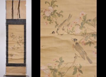 【瓢】中国　馮湜　花鳥図　絹本　浙江紹興人　清時代　古画　掛け軸