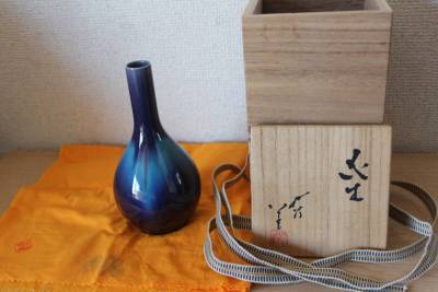 人間国宝　三代徳田八十吉　最晩年作　耀彩花入（彫金銘）高さ16.3cm　共箱　共布　美品　真作保証　中古品　60サイズ　　