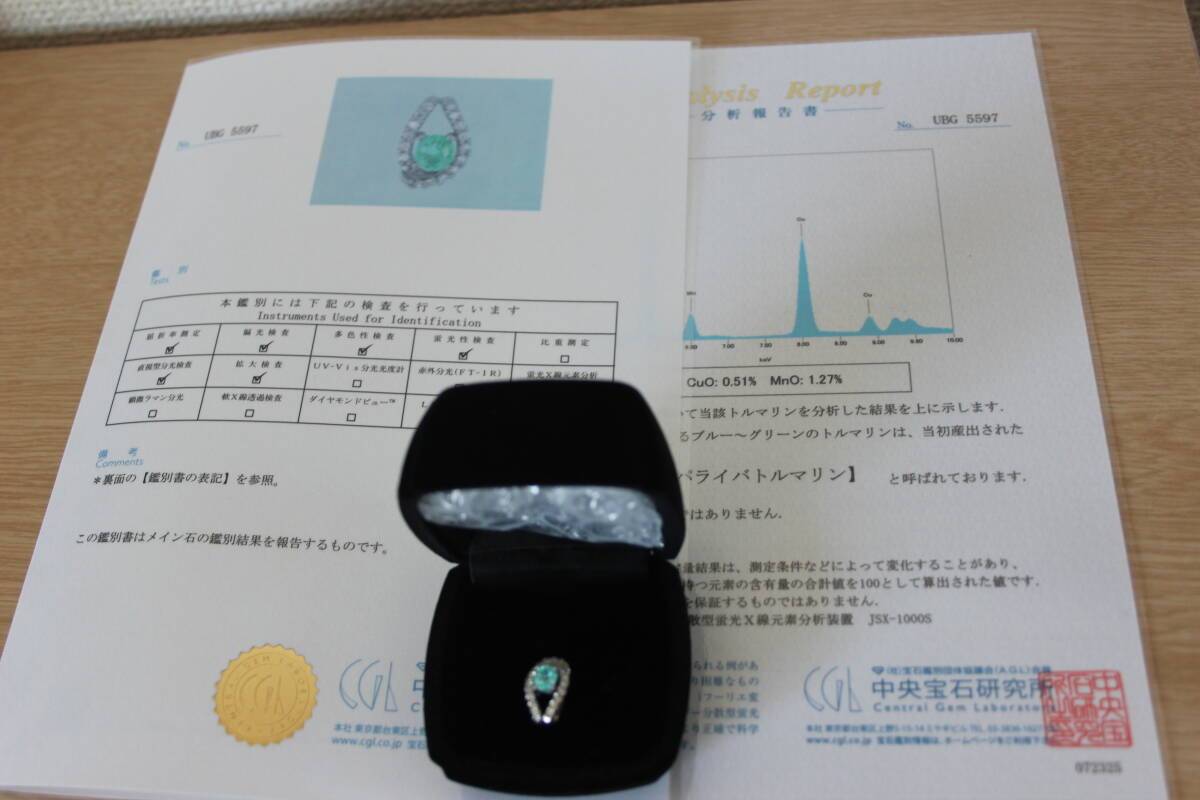  希少宝石　極上パライバトルマリン　大粒0.5ct　極上ダイアモンド0.21ct　Ｐｔ900　ペンダントヘッド　宝石鑑別所　分析報告書