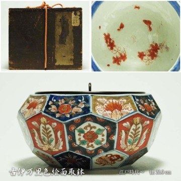 古伊万里色絵面取鉢見立水指菓子器有田伊萬里古陶茶道具個人蔵陶器愛好家所蔵品/検)初期伊万里蕎麦猪口染付くらわんかコンニャク印判