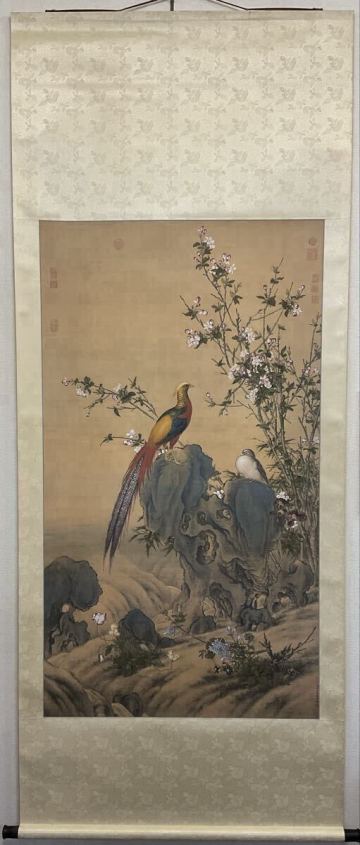 N 二玄社 清 郎世寧 『錦春圖』 共箱 工芸 中国画 複製画 掛軸 花鳥