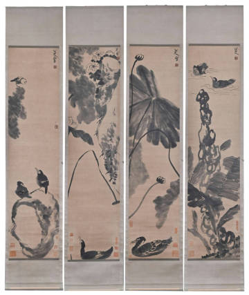 ◆旧家買出品◆W0810中国古書道◆八大山人 四條屏 掛け軸 書画立軸 水墨中国画巻物 肉筆逸品 肉筆保証品 