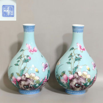 ◆旧家買出品◆W0781清時代 雍正年製 松石緑翠辺虞美人題詩胆瓶一対・古陶磁器 ・珍品旧蔵・古賞物・時代物 