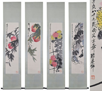 ◆旧家買出品◆W0814中国古書道◆斉白石 四條屏 掛け軸 書画立軸 水墨中国画巻物 肉筆逸品 肉筆保証品 
